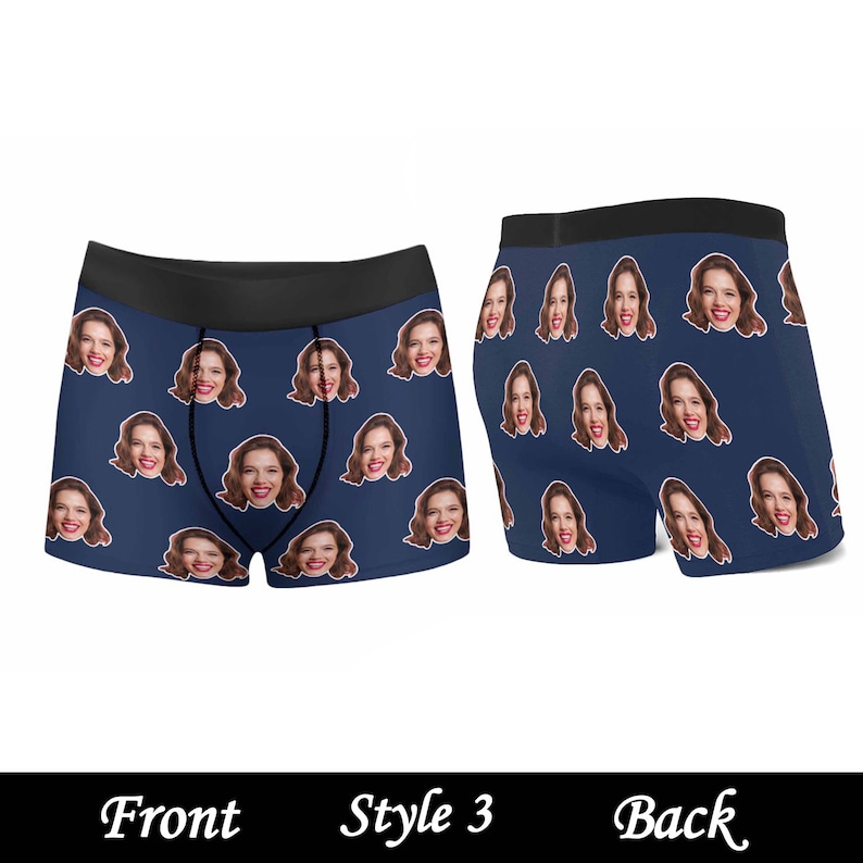 May include: Navy blue boxer shorts with a repeating pattern of a woman's face. The front and back of the boxer shorts are shown. The text "Style 3" is printed below the image. "Front" and "Back" are printed below the image.