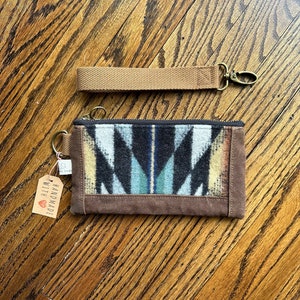 Wristlet - Waxed Canvas - Southwestern Wool - Aztec - Brown - Zipper Pouch - Clutch - Bag Organizer