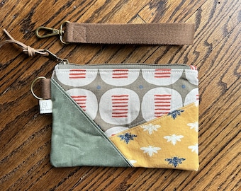 Mini green geometric bee canvas & waxed canvas wristlet - clutch bag - zipper pouch