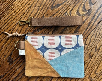 Mini blue geometric canvas & waxed canvas wristlet - clutch bag - zipper pouch