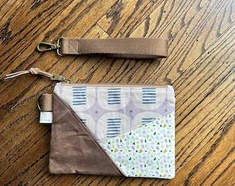 Mini purple geometric canvas & waxed canvas wristlet - clutch bag - zipper pouch