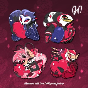 May include: Four cartoon character illustrations, each holding a heart. The characters are in various colors, including blue, red, pink, and black, with diamond and heart accents. The text "Hellborns with Love / @P_goods_factory" is at the bottom.