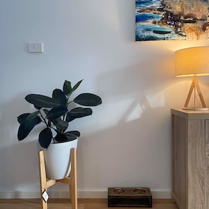 May include: A white ceramic planter with a dark green leafy plant sits on a wooden stand. The plant is in a light-colored room with a wooden floor and a brown wooden cabinet in the background.