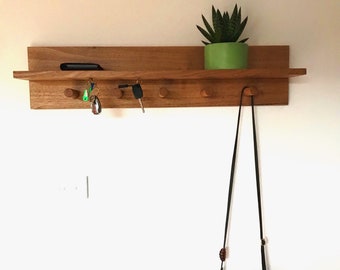 Handmade Tasmanian Oak Entryway Organizer: Floating Shelf Coat Rack
