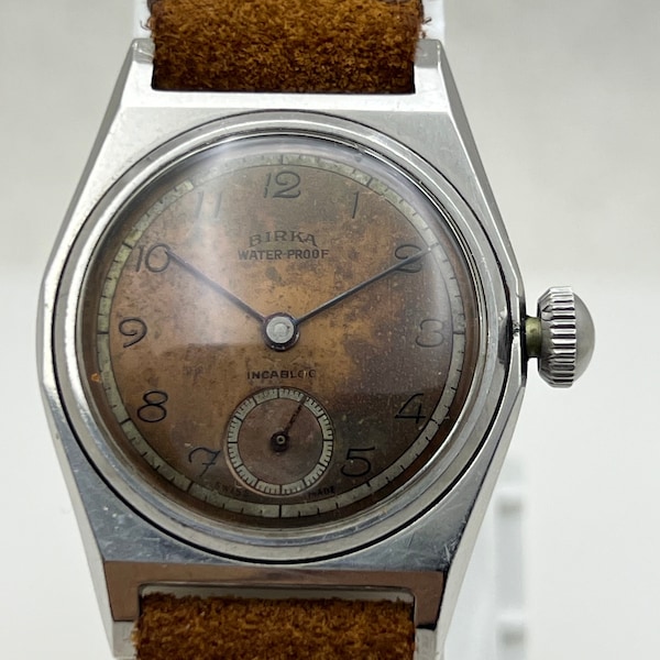 BIRKA Big Crown Tropical 1940s WW2 Military All Steel Manual Wind Mens wristwatch ULTRA RARE