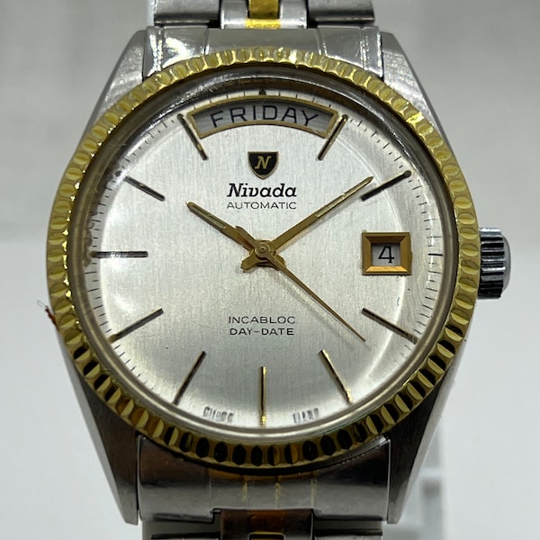 vintage Nivada Fluted Bezel Rolex Style Automatic Day-Date Incablok w/jubilee Bracelet Swiss Made men's wristwatch