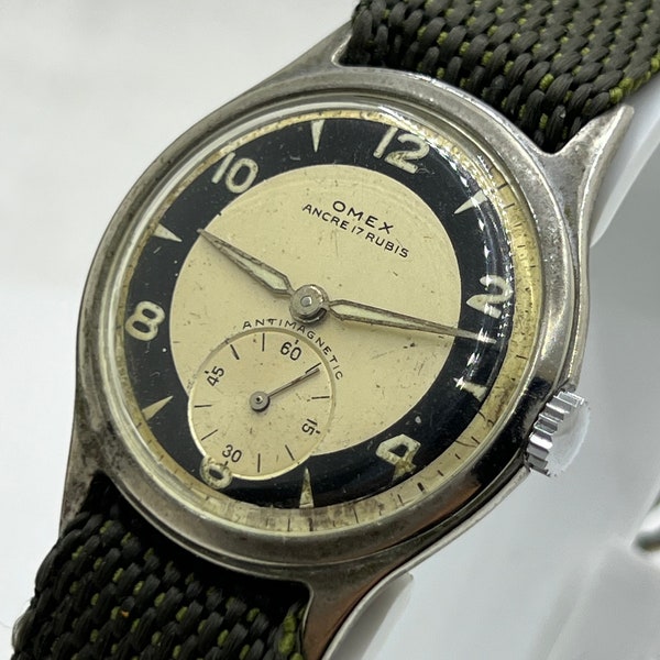 1950s OMEX Bulls-eye Military RARE wristwatch Hand Winding Swiss Made 17 jewels Antimagnetic