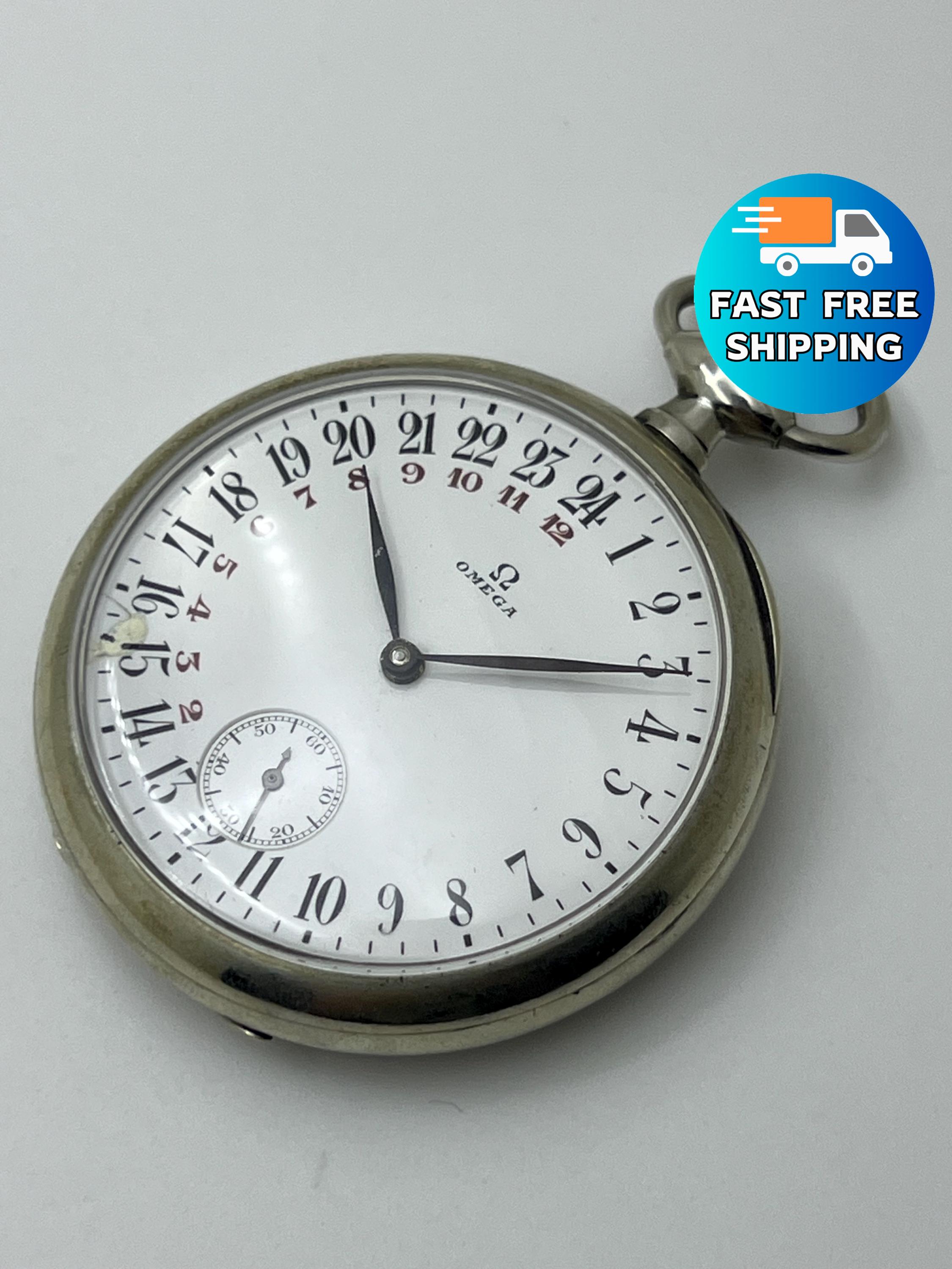 1925 Omega 24h Pocket Watch Steel RARE 12/24h Dial Italia