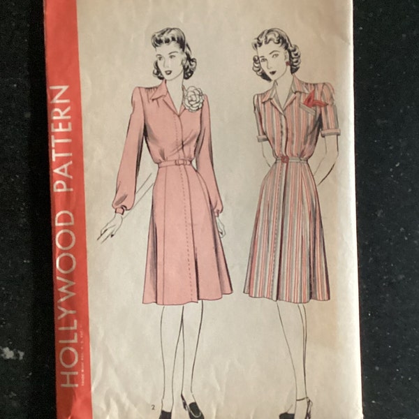 Vintage 40s Hollywood sewing pattern 1098 women’s dress, button fly-front closure,slim gore skirt, gathered shoulders, notch collar, lapels