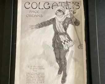 1920s antique print ad Colgate’s face cream Keep the roses in your cheeks smiling lady downhill skiing, winter scene