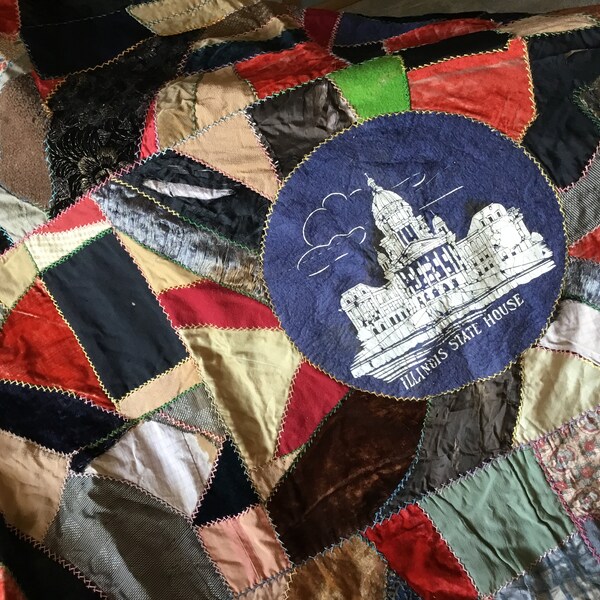 Antique hand stitched crazy quilt Illinois state house patch