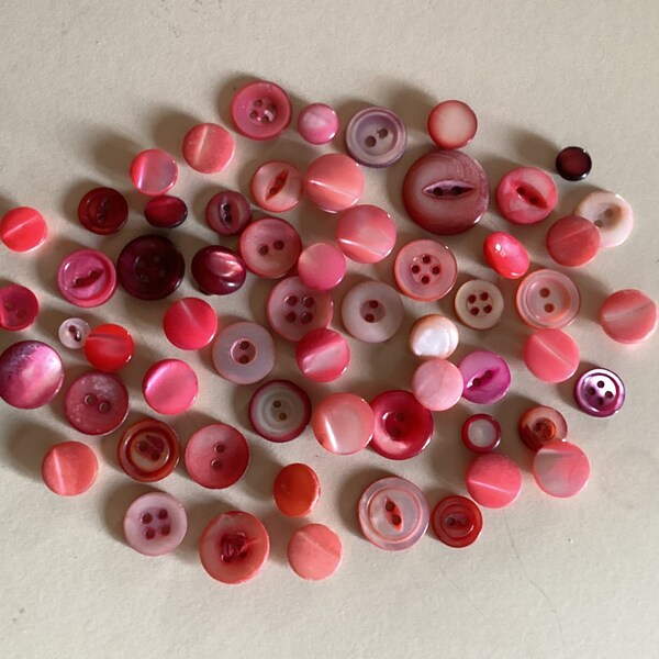 Vintage small pink dyed mother of Pearl button lot crafting junk journal, scrapbooking, sewing