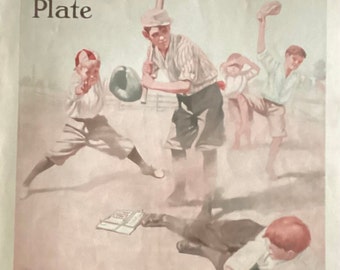 1909 antique print ad W.K.Kellogg cereal ad toasted corn flakes The Home Plate Boys baseball game home run. Boys room, art decor