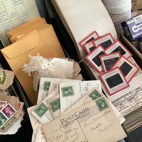 Vintage office supplies lot/junk journal lot junk drawer, scrap paper lot/envelopes scrap paper craft supplies locked embellishments tags