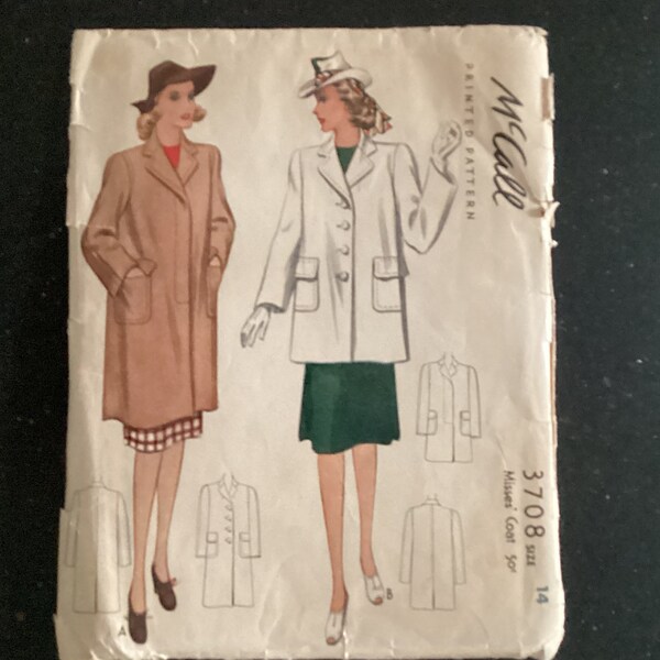 Vintage 40s McCalls sewing pattern 3708 classic coat, lapels, hidden buttons, padded shoulders patch pocket