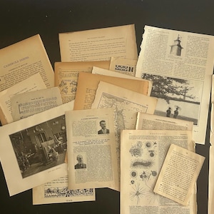 May include: A collection of vintage paper ephemera, including pages from books, magazines, and sheet music. The pages vary in size and color, with some featuring illustrations, maps, and text. The text includes the words "Casserole Dishes" and "Protoroa".