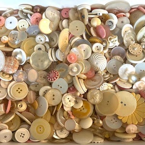 May include: A box overflowing with a variety of vintage buttons in shades of cream, ivory, and pale pink. The buttons vary in size, shape, and material, including pearl, plastic, and wood. Some have two or four holes, while others have shanks.