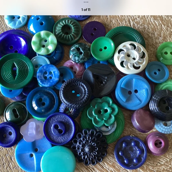 50s Vintage fancy blue green purple molded plastic craft button lot crafting junk, journal, scrapbooking, sewing