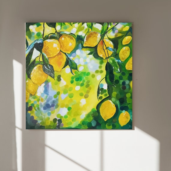 Italian Lemon Tree Oil Painting, Original Yellow Citrus Wall Art, Mediterranean Kitchen Decor, Cottagecore Blossom Birthday Mother Gift