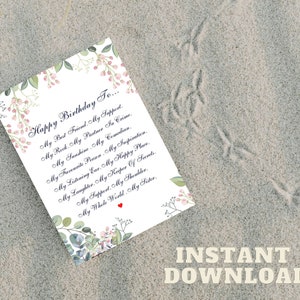 Sister Birthday Card Poem - Birthday PRINTABLE Card For Sister - Sister Birthday gift