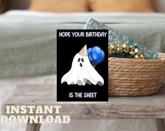 Tarjeta imprimible de felicitación de cumpleaños divertida y espeluznante de Halloween con fantasmas