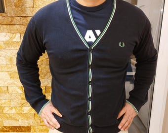 Fred Perry | Cotton Tipped Knitted Cardigan M (Black) | Mod Scooter Skins 60s Ska | Knit Jumper Sweater men | Size M