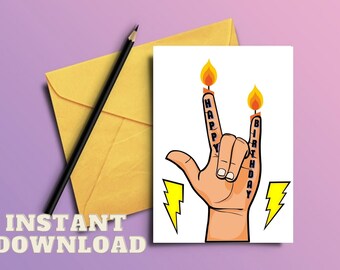 Heavy Metal Rock Horns Birthday PRINTABLE Card