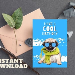 Cartão de aniversário para cachorro IMPRIMÍVEL, Cartão para dono de pug, Tenha um aniversário legal, DOWNLOAD INSTANTÂNEO