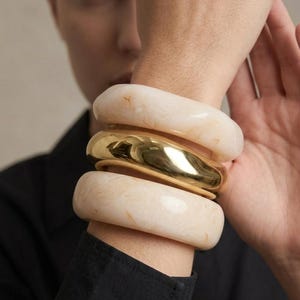 Chunky Resin Bangle, Square-oval Geometric Cuff, Neutral Marble Swirl (Handmade)