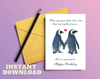 Penguin Birthday Card PRINTABLE - Girlfriend Birthday Card - Boyfriend Birthday Card - Birthday Card For Husband Or Wife