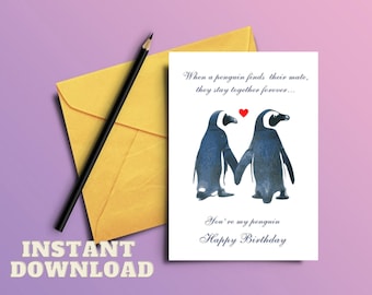 Penguin Birthday Card PRINTABLE - Girlfriend Birthday Card - Boyfriend Birthday Card - Birthday Card For Husband Or Wife