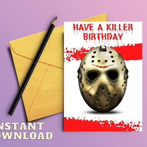 Carte d'anniversaire IMPRIMABLE de Jason Voorhees | Carte drôle du vendredi 13 | Carte d'amateurs d'horreur | Carte cadeau tueur en série