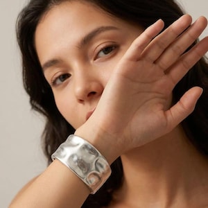 Chunky Brushed Metal Cuff Bracelet, Wide Geometric Bangle, Modern Statement Jewelry