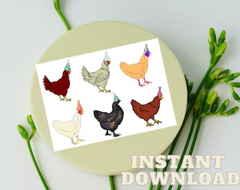 Birthday Chickens Card : Illustrated Printable Birthday Cards with Party Chickens, INSTANT DOWNLOAD