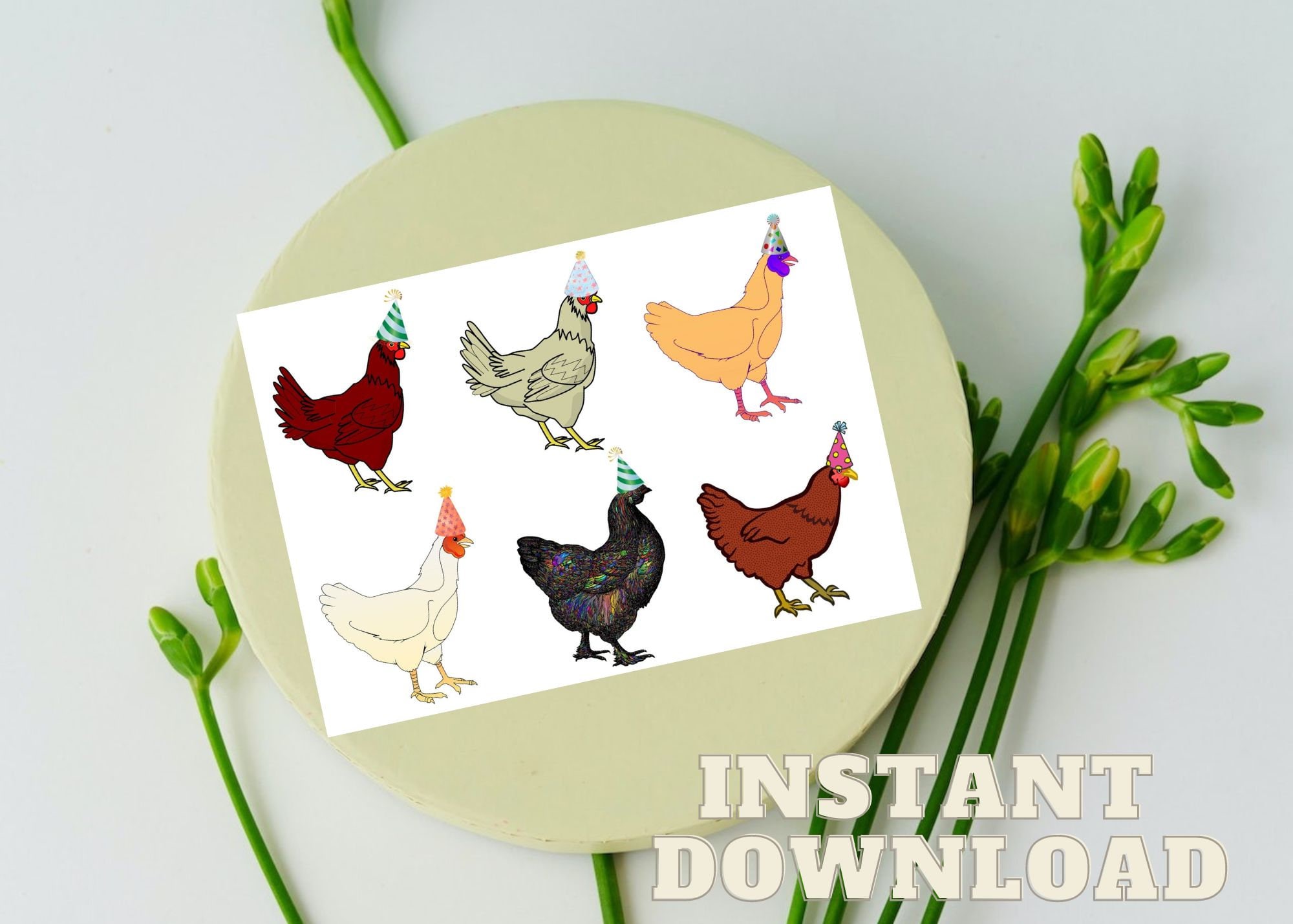 Birthday Chickens Card : Illustrated Printable Birthday Cards with Party Chickens, INSTANT DOWNLOAD