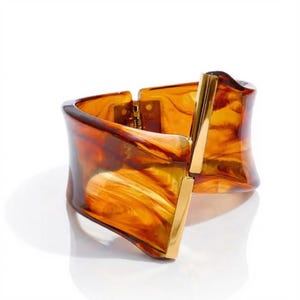 Abstract Marble Resin Cuff Bracelet for Women – Irregular Gold Hinge Statement Bangle