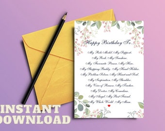 Printable Mum Birthday Card: Mother's Day Poem Gift (5x7in JPEG, PDF Download)