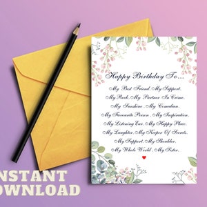 Poema de tarjeta de cumpleaños de hermana - tarjeta imprimible de cumpleaños para hermana - regalo de cumpleaños de hermana