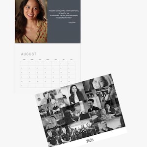 Könnte beinhalten: Eine Schwarzweiß-Fotocollage einer Gruppe von Menschen, mit einem Kalender für August 2025 und einem Zitat über Empathie. Das Zitat lautet: "Empathie kann schmerzhaft sein, aber die Alternative, zumindest für mich, ist undenkbar. Ich mache diesen Job, um Menschen zu helfen. Ich muss für sie fühlen." - Lucy Chen
