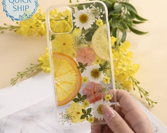 Real Dried Floral Fruit Phone Case, iPhone 12 & iPhone 13 /mini/Pro/Pro max,iPhone 11/mini,Lemon Clear Phone Case Aesthetic, Gift for Her