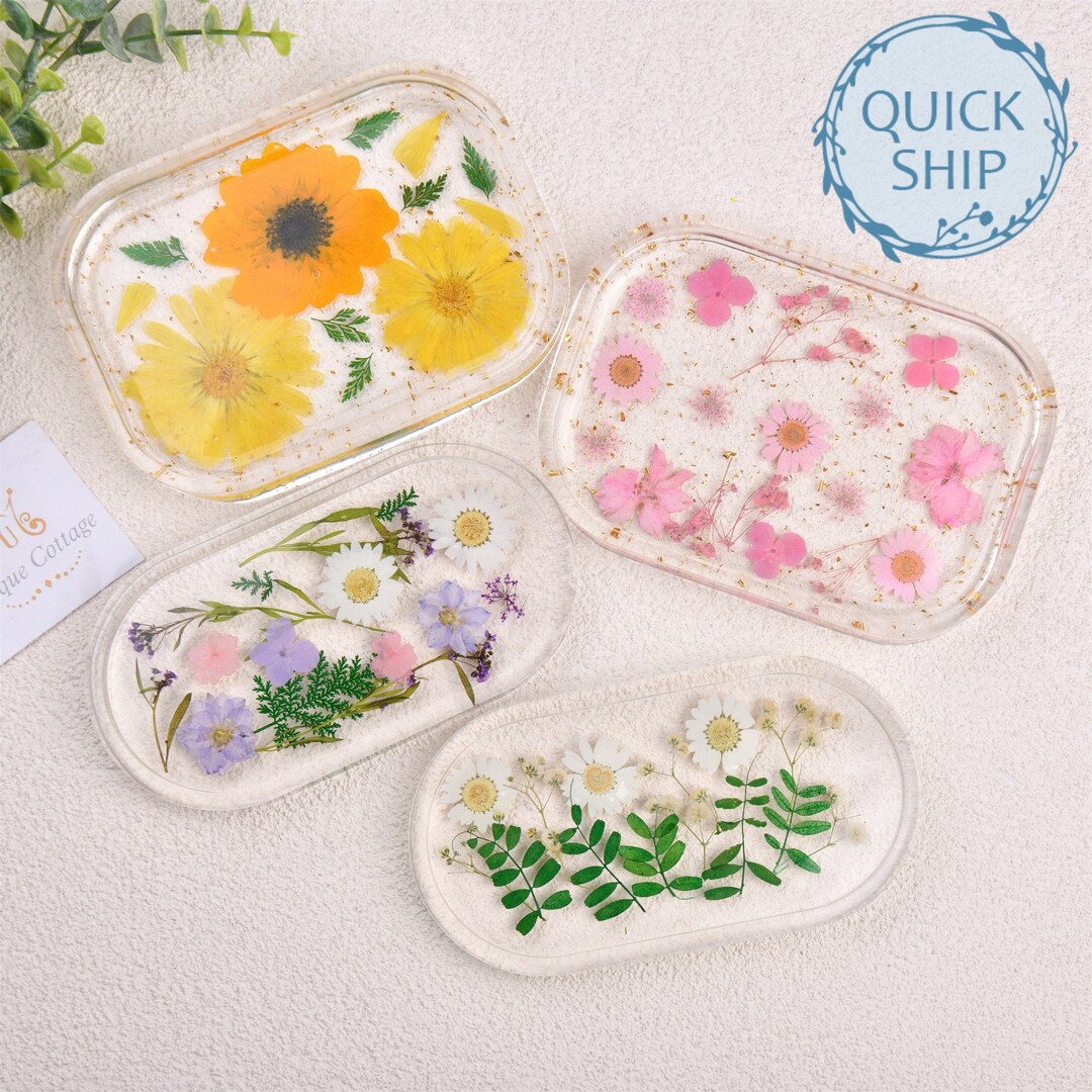 Real Flowers Resin Tray,white/purple/pink Daisy Jewelry Coaster,yellow