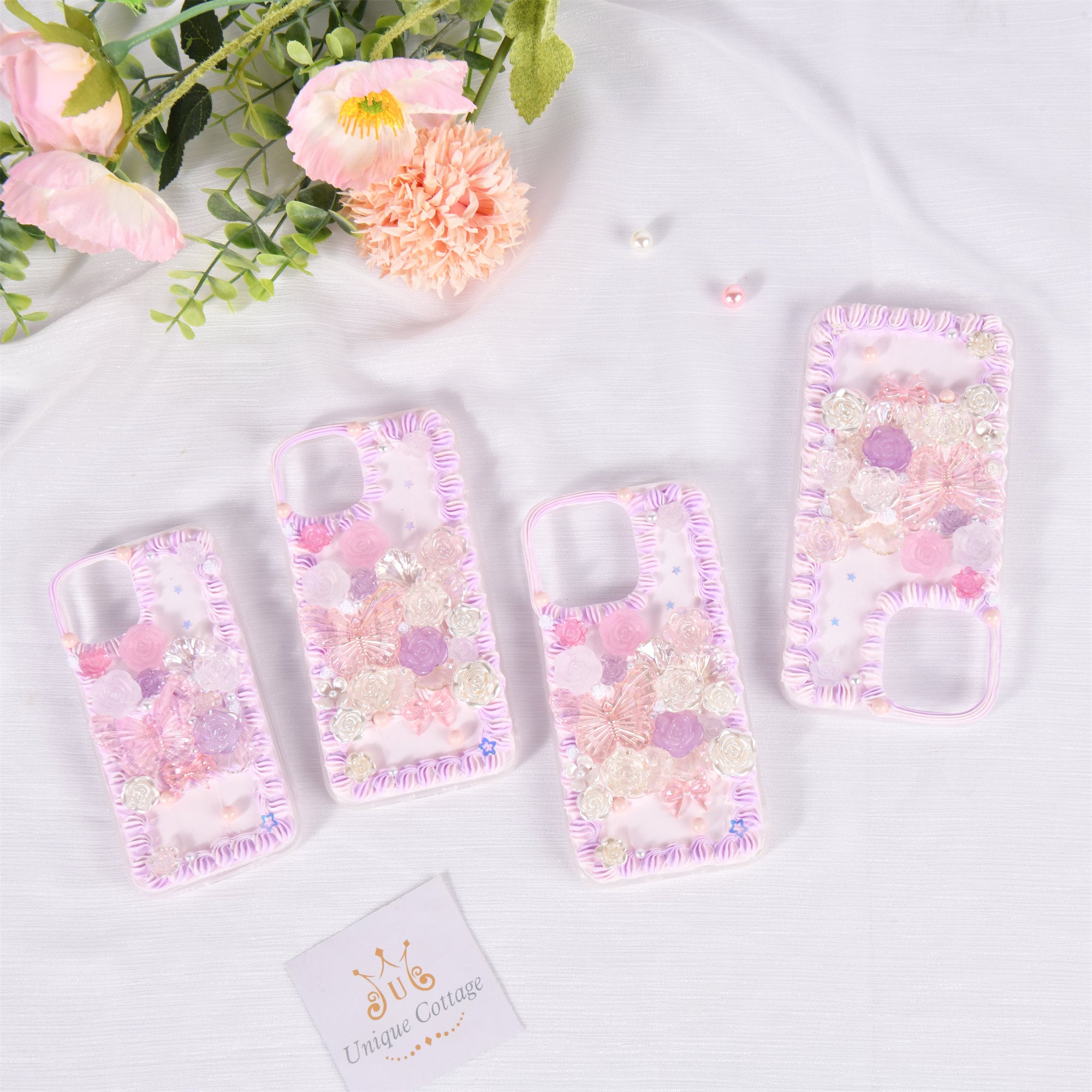 Decoden Phone Case DIY Kit Iridescent Butterfly White Peach Flowers Cream  Charm