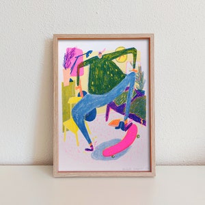 Póster de patineta divertido / Impresión risográfica A4 / Póster ilustrado para habitación infantil / Arte de pared / Póster colorido / Decoración de pared / Riso de 3 colores