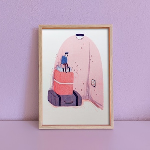 Stampa Risograph Liftboy / Poster illustrato A4 / Stampa Risograph retrò / Arte murale / Poster blu e rosso / Stampa Riso a 2 colori / Decorazione murale