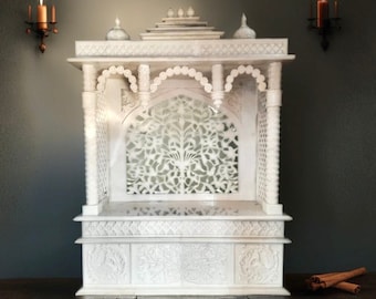 手作りのカスタムホワイト大理石寺院、ヒンドゥー教のプージャマンディル、ホームデコレーション