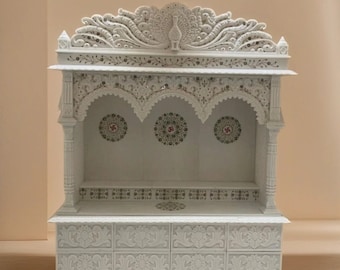 自宅用カスタム寺院用ホワイト大理石、手作りヒンドゥー教プージャマンディール装飾