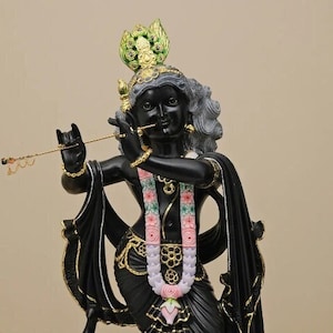 Lord Krishna Flute Statue (Custom) Black Marble Showpiece Home Decor, Krishan Idol Sculpture, Hindu God of Love, Temple Mandir Figure