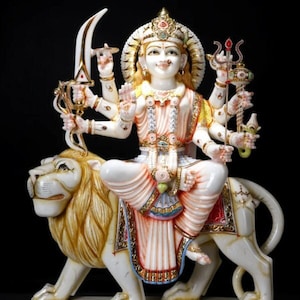 Marble Goddess Durga Statue (Customize), Marble Statue, Handpainted Durga Mata Pratima for Pooja Room, Mandir, Devi Durga Shakti Statue