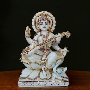 Saraswati Idol Statue (Customized) Pure White Marble for Puja Mandir, Saraswati Statue on Lotus, Hindu goddess of Arts, Music & Knowledge