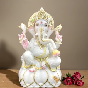 Marble Ganesha Statue (Custom Size & Design), Pure White Marble Ganpati Idol Decor, Elephant God, Ganesh Murti for Temple, Office, Home